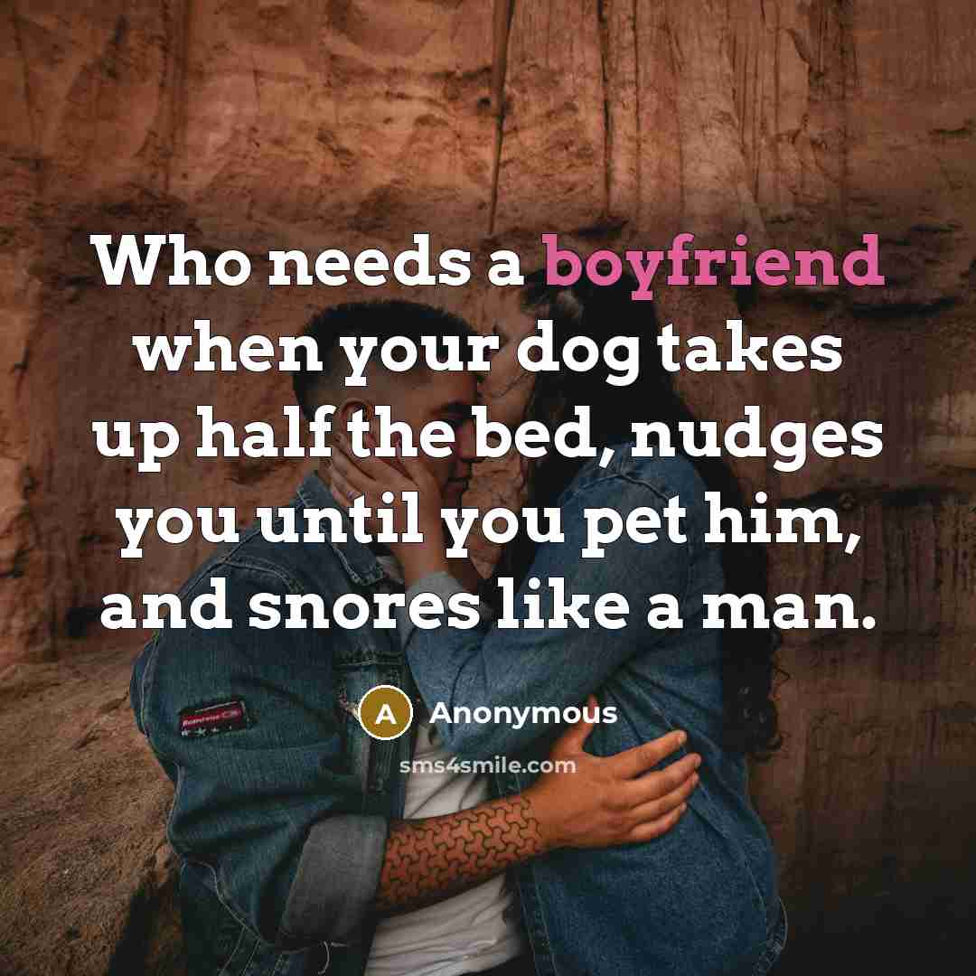 “Who needs a boyfriend when your dog takes up half the bed, nudges you until you pet him, and snores like a man.” quote by Anonymous