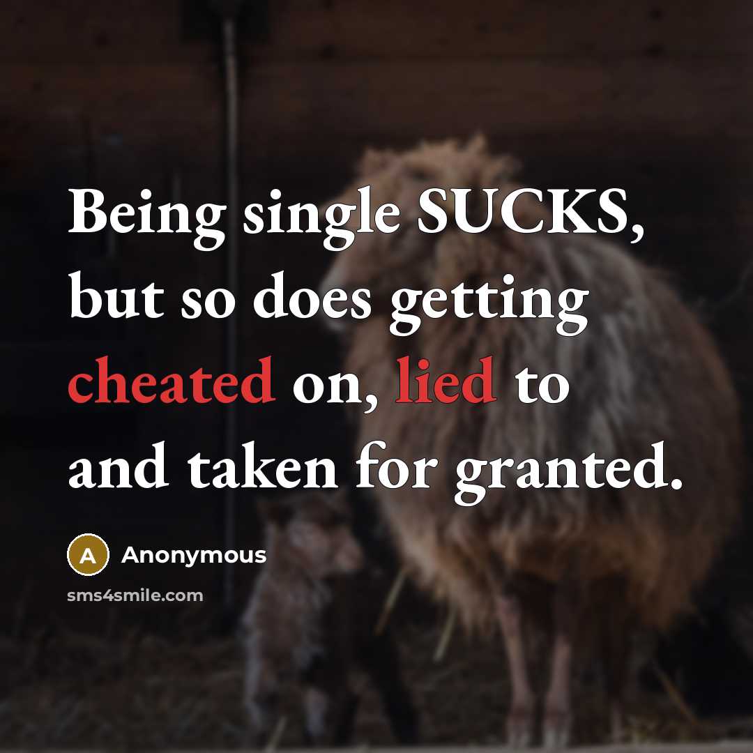 “Being single SUCKS, but so does getting cheated on, lied to and taken for granted.” quote by Anonymous