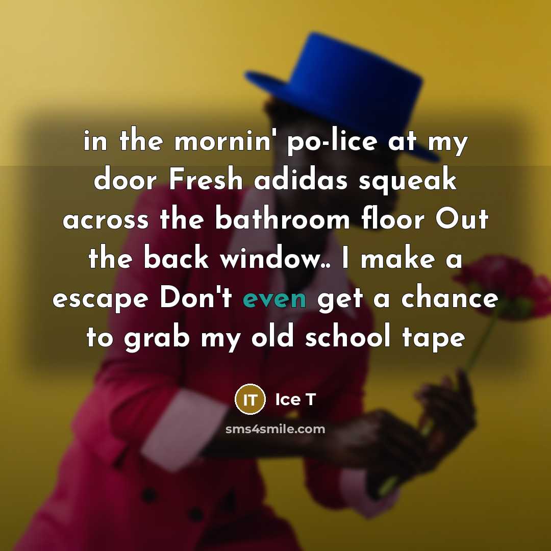 “in the mornin' po-lice at my door Fresh adidas squeak…” quote by Ice T