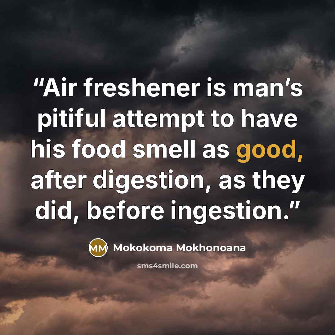 “Air freshener is man’s pitiful attempt to have his food smell as good, after digestion, as they did, before ingestion.” quote by Mokokoma Mokhonoana