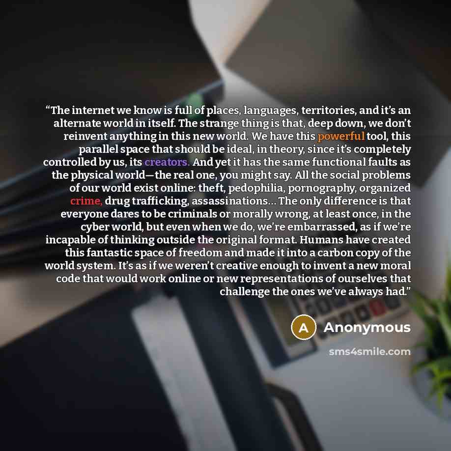 “The internet we know is full of places, languages, territories, and it’s an alternate world in itself. The strange thing is that, deep down, we don’t reinvent anything in this new world. We have this powerful tool, this parallel space that should be ideal, in theory, since it’s completely…” quote by Anonymous