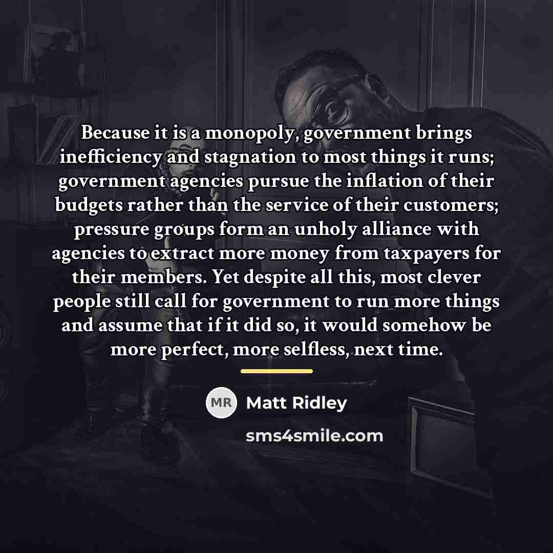 “Because it is a monopoly, government brings inefficiency and stagnation…” quote by Matt Ridley