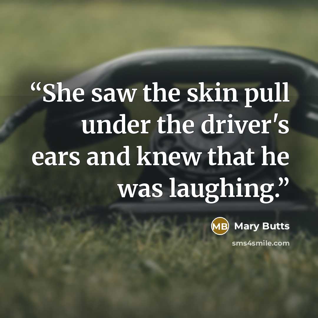 “She saw the skin pull under the driver's ears and knew that he was laughing.” quote by Mary Butts