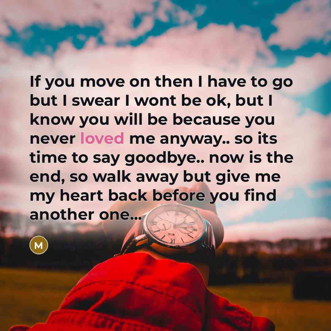 “If you move on then I have to go but I swear I wont be ok, but I know you will be because you never loved me anyway.. so its time to say goodbye.. now is the end, so walk away but give me my heart back before you find another one...” quote by Megannn