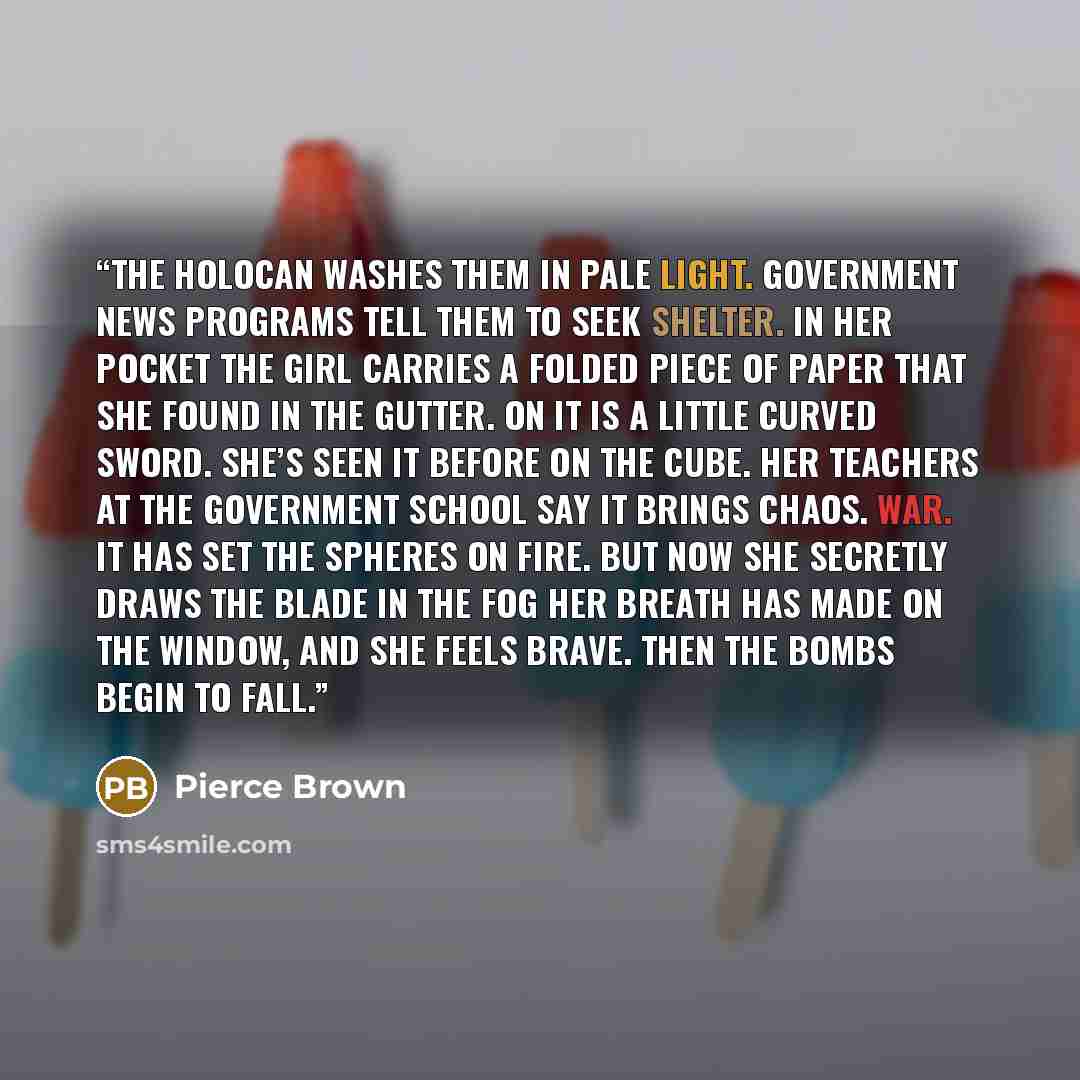“The holoCan washes them in pale light. Government news programs tell them to seek shelter. In her pocket the girl carries a folded piece of paper that she found in the gutter. On it is a little curved sword. She’s seen it before on the cube. Her teachers at the government school say it brings…” quote by Pierce Brown