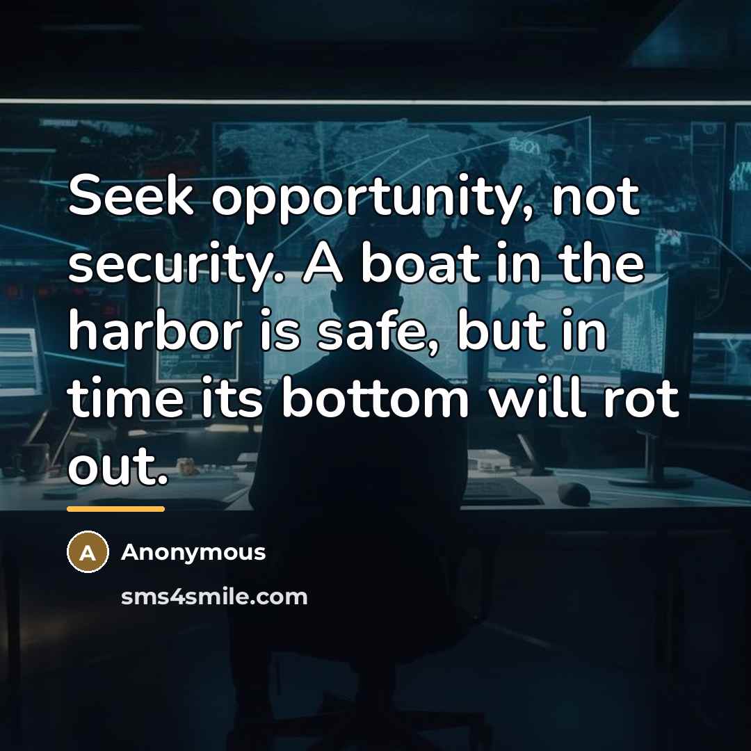 “Seek opportunity, not security. A boat in the harbor is…” quote by Anonymous