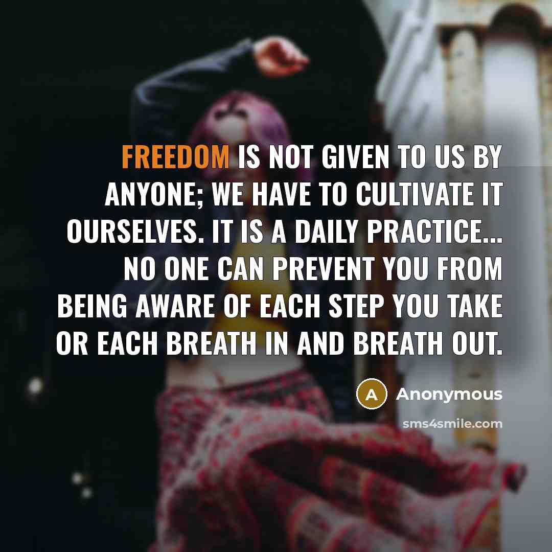 “Freedom is not given to us by anyone; we have to cultivate it ourselves. It is a daily practice... No one can prevent you from being aware of each step you take or each breath in and breath out.” quote by Anonymous