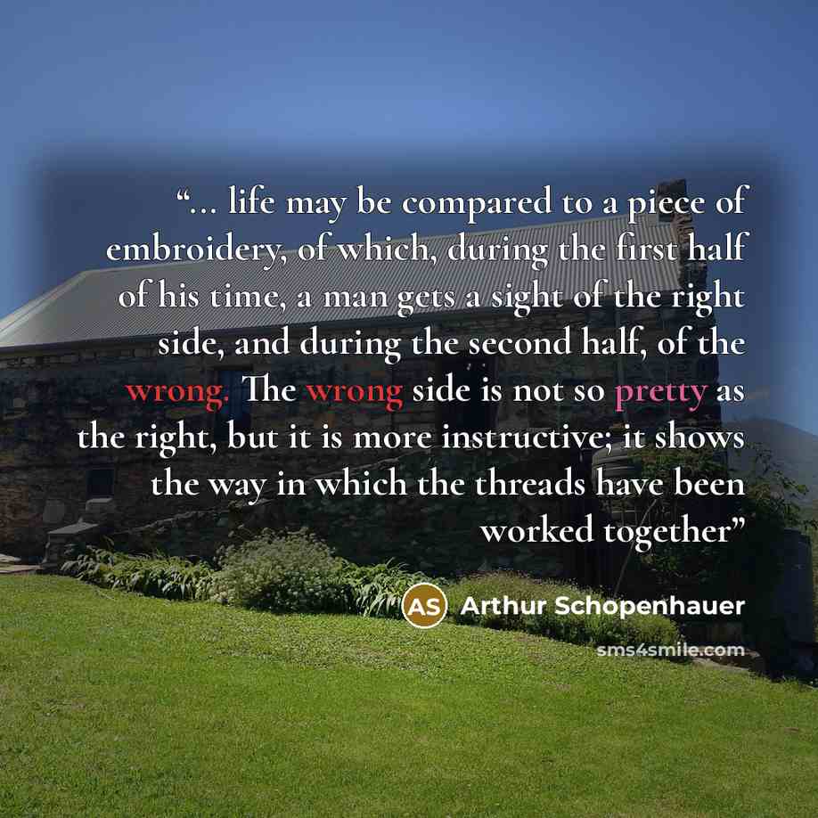 “... life may be compared to a piece of embroidery, of which, during the first half of his time, a man gets a sight of the right side, and during the second half, of the wrong. The wrong side is not so pretty as the right, but it is more instructive; it shows the way in which the threads have been…” quote by Arthur Schopenhauer