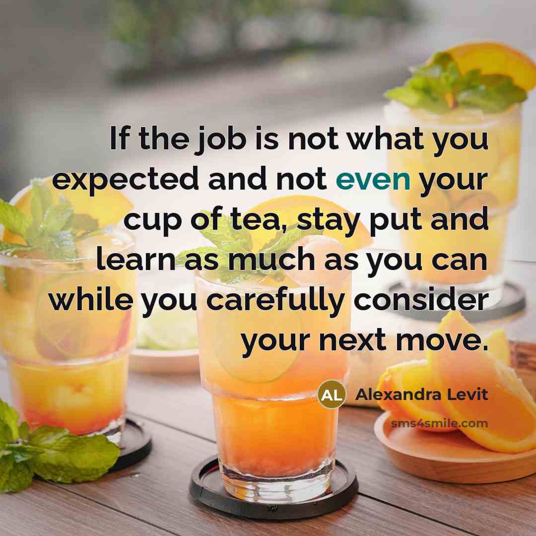 “If the job is not what you expected and not even your cup of tea, stay put and learn as much as you can while you carefully consider your next move.” quote by Alexandra Levit