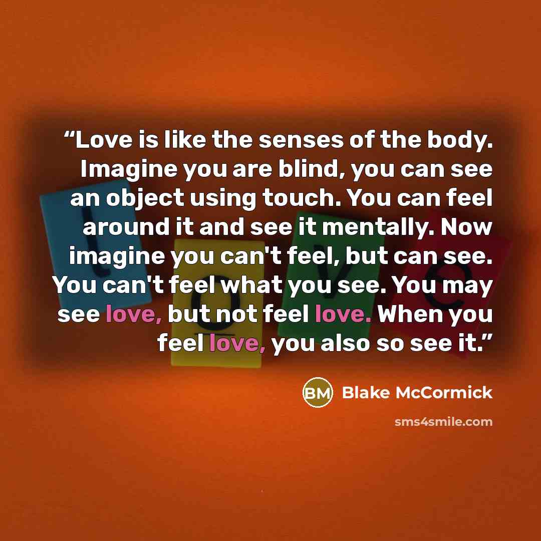 “Love is like the senses of the body. Imagine you are blind, you can see an object using touch. You can feel around it and see it mentally. Now imagine you can't feel, but can see. You can't feel what you see. You may see love, but not feel love. When you feel love, you also so see it.” quote by Blake McCormick