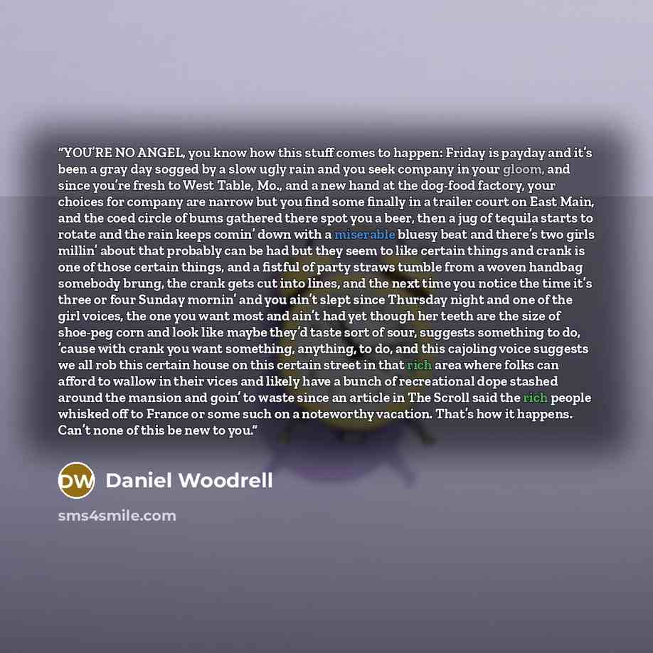 “YOU’RE NO ANGEL, you know how this stuff comes to happen: Friday is payday and it’s been a gray day sogged by a slow ugly rain and you seek company in your gloom, and since you’re fresh to West Table, Mo., and a new hand at the dog-food factory, your choices for company are narrow but you find…” quote by Daniel Woodrell