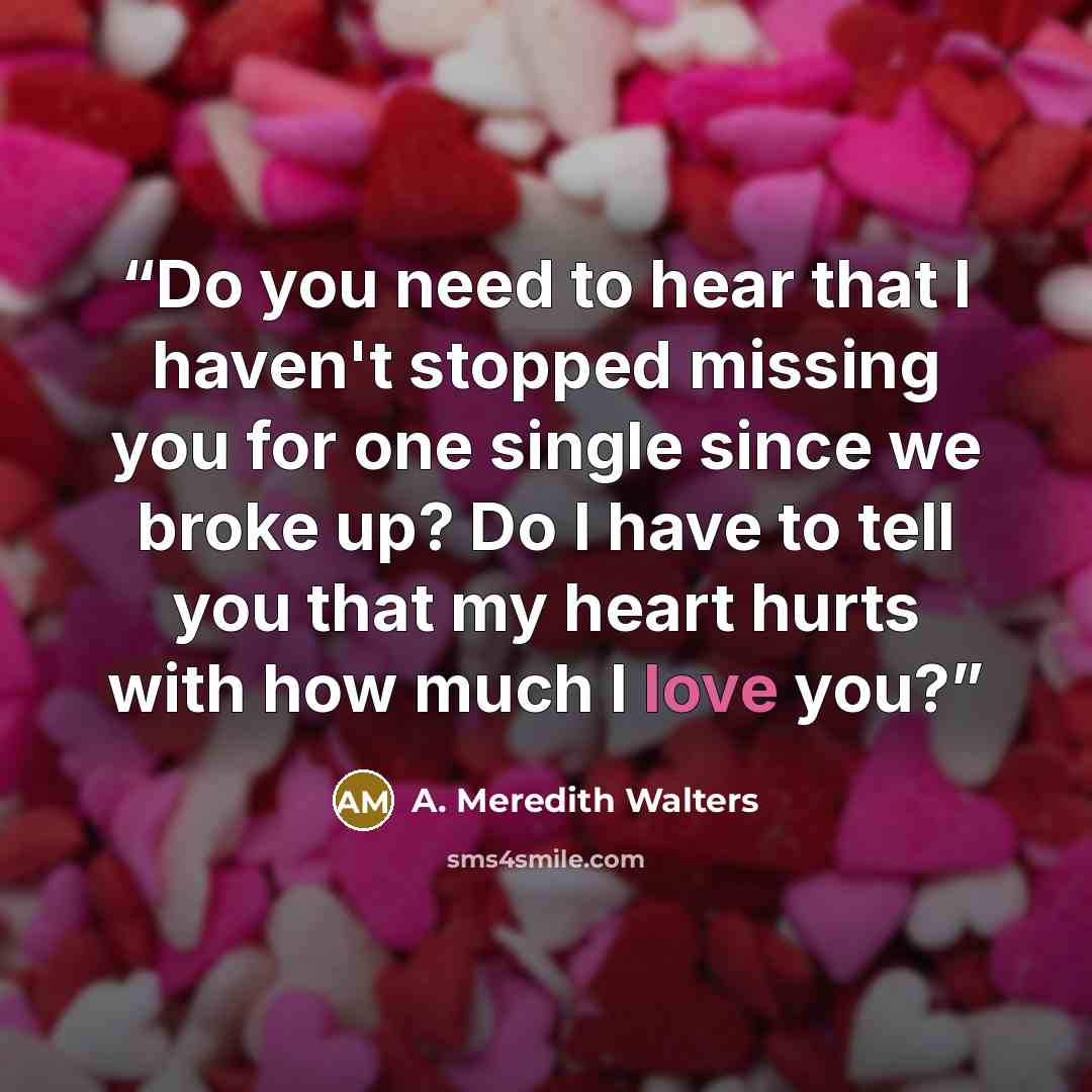 “Do you need to hear that I haven't stopped missing you for one single since we broke up? Do I have to tell you that my heart hurts with how much I love you?” quote by A. Meredith Walters