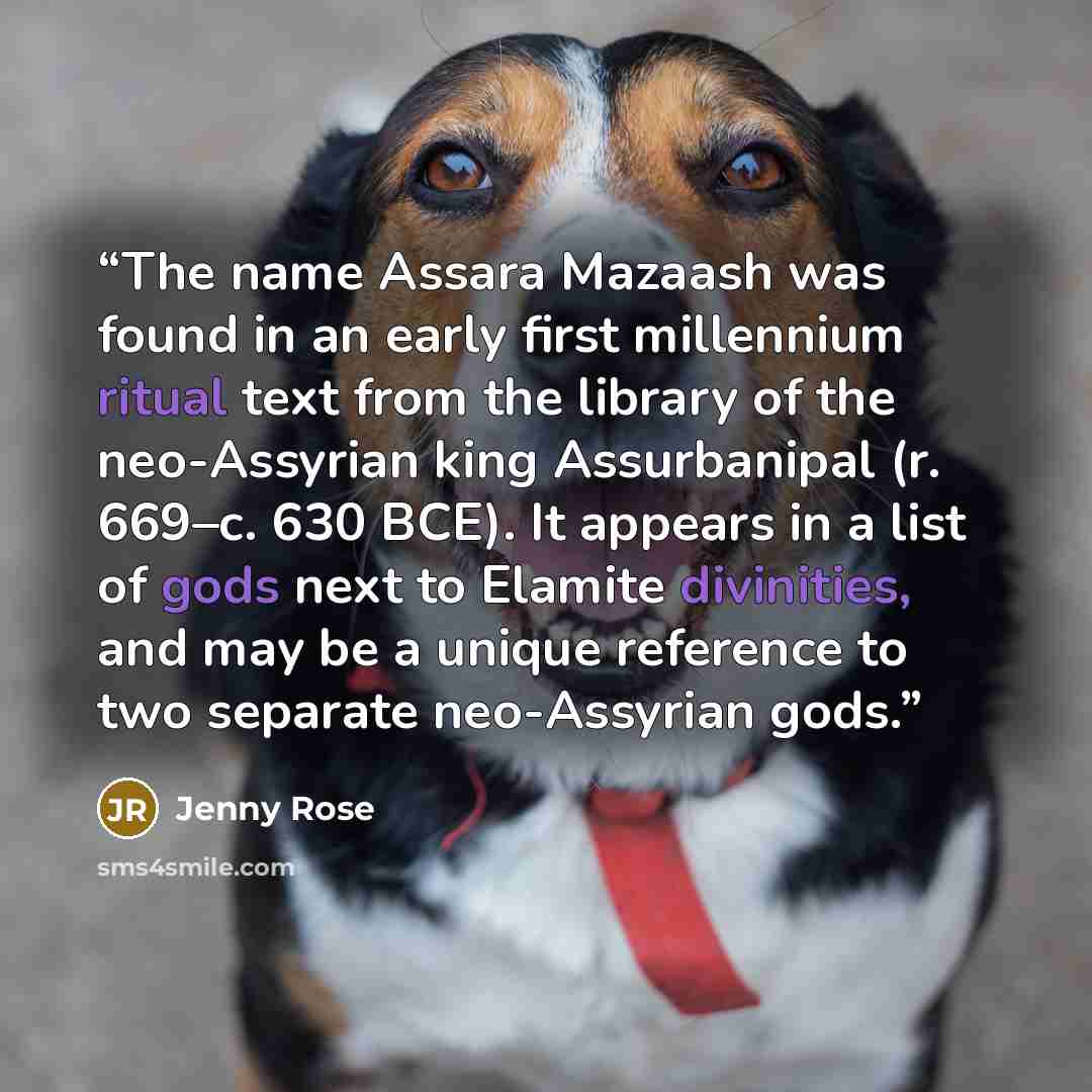 “The name Assara Mazaash was found in an early first millennium ritual text from the library of the neo-Assyrian king Assurbanipal (r. 669–c. 630 BCE). It appears in a list of gods next to Elamite divinities, and may be a unique reference to two separate neo-Assyrian gods.” quote by Jenny Rose