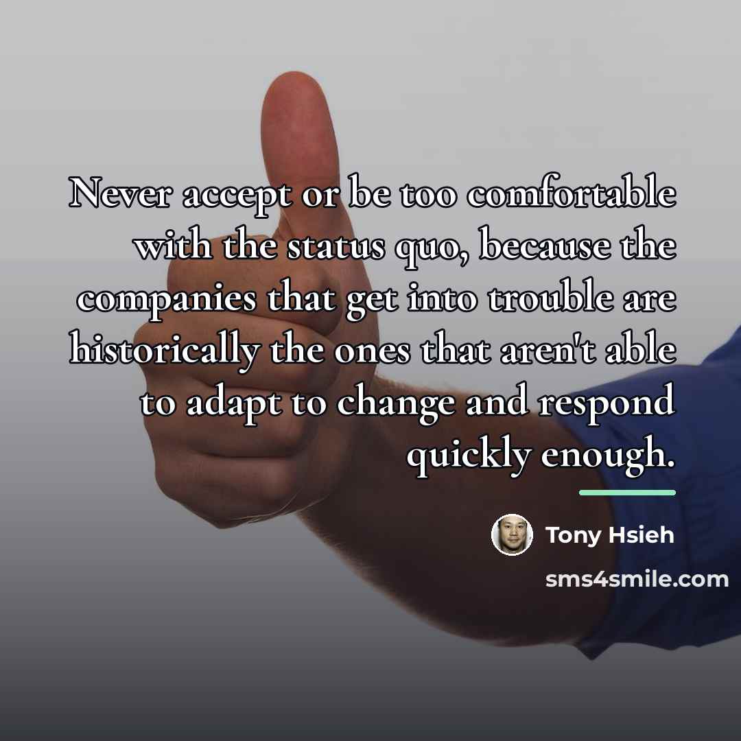 “Never accept or be too comfortable with the status quo,…” quote by Tony Hsieh