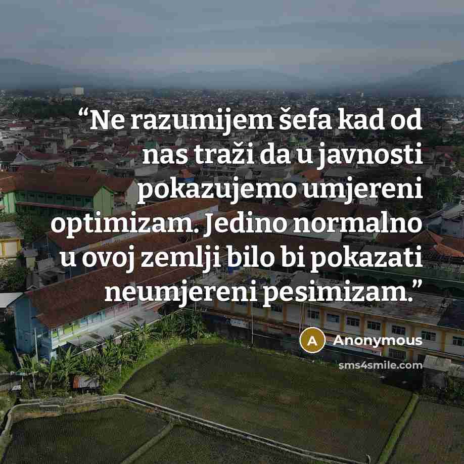 “Ne razumijem šefa kad od nas traži da u javnosti pokazujemo umjereni optimizam. Jedino normalno u ovoj zemlji bilo bi pokazati neumjereni pesimizam.” quote by Anonymous