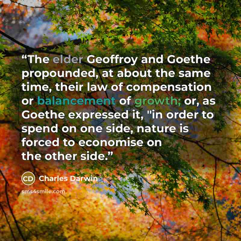 “The elder Geoffroy and Goethe propounded, at about the same time, their law of compensation or balancement of growth; or, as Goethe expressed it, "in order to spend on one side, nature is forced to economise on the other side.” quote by Charles Darwin