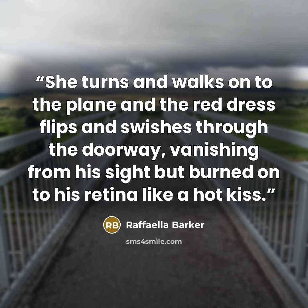 “She turns and walks on to the plane and the red dress flips and swishes through the doorway, vanishing from his sight but burned on to his retina like a hot kiss.” quote by Raffaella Barker