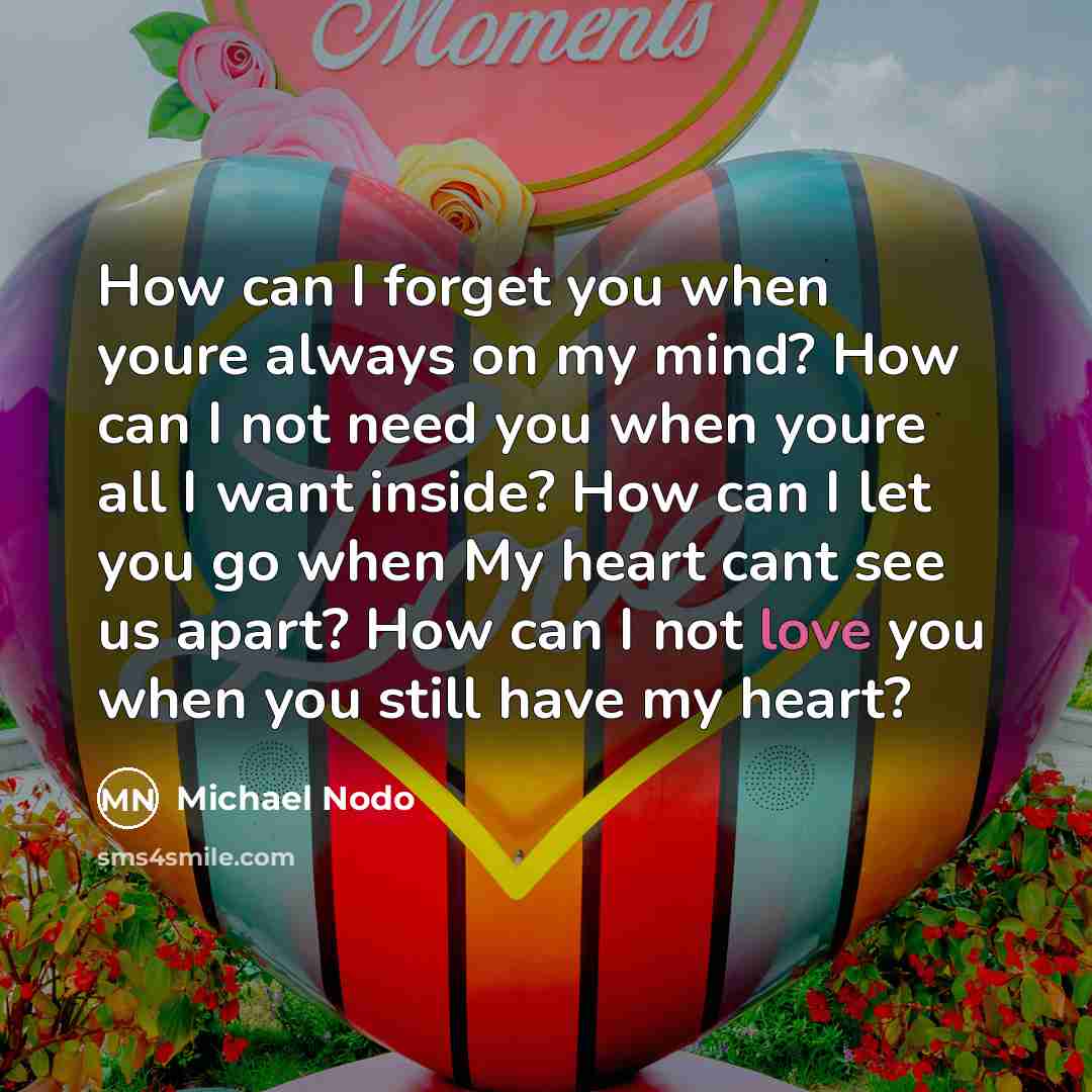 “How can I forget you when youre always on my mind? How can I not need you when youre all I want inside? How can I let you go when My heart cant see us apart? How can I not love you when you still have my heart?” quote by Michael Nodo