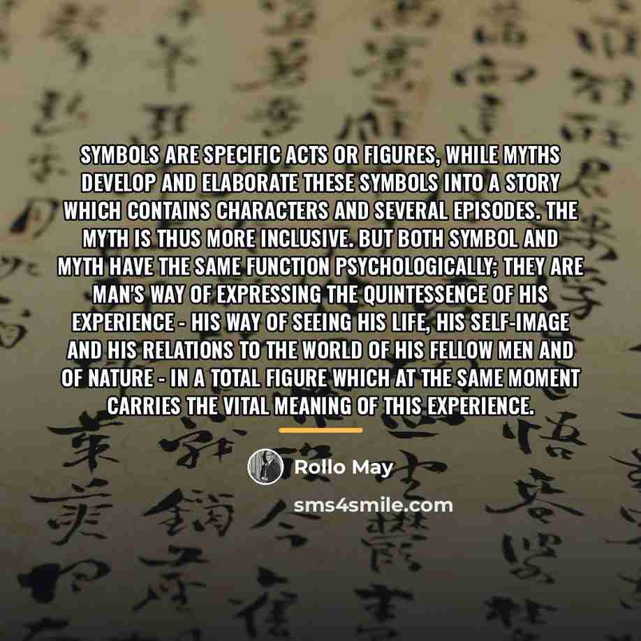 “Symbols are specific acts or figures, while myths develop and…” quote by Rollo May