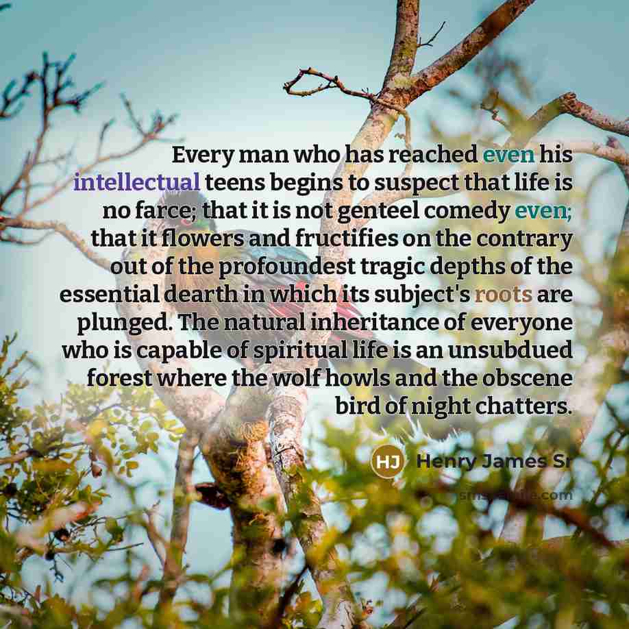 “Every man who has reached even his intellectual teens begins to suspect that life is no farce; that it is not genteel comedy even; that it flowers and fructifies on the contrary out of the profoundest tragic depths of the essential dearth in which its subject's roots are plunged. The natural…” quote by Henry James Sr