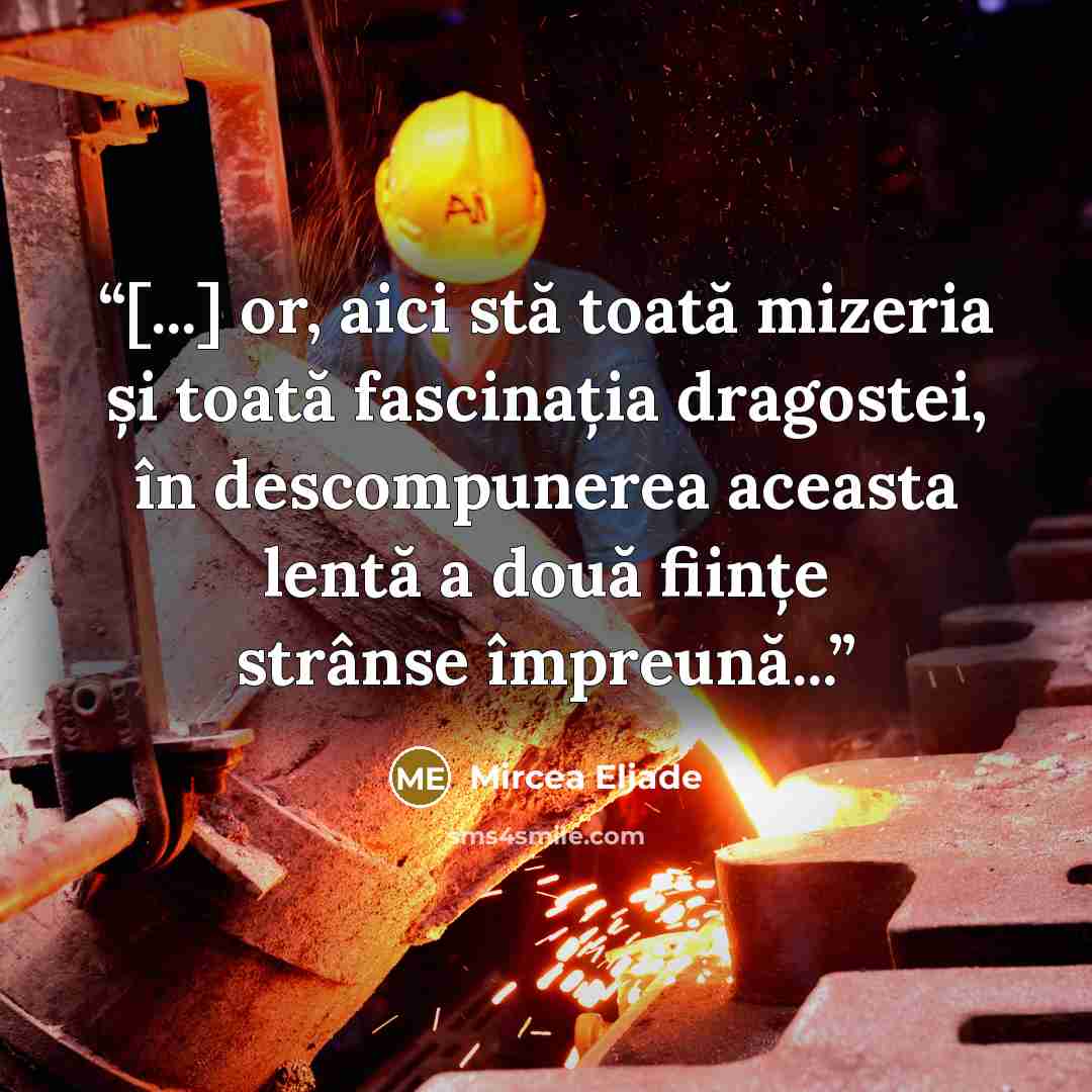“[...] or, aici stă toată mizeria și toată fascinația dragostei, în descompunerea aceasta lentă a două ființe strânse împreună...” quote by Mircea Eliade