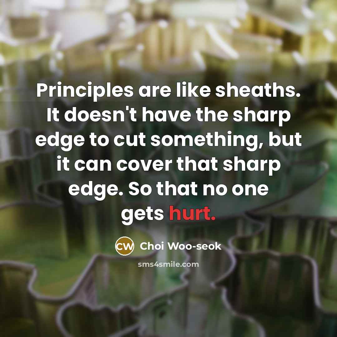 “Principles are like sheaths. It doesn't have the sharp edge to cut something, but it can cover that sharp edge. So that no one gets hurt.” quote by Choi Woo-seok
