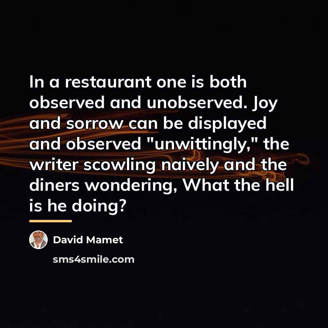 “In a restaurant one is both observed and unobserved. Joy…” quote by David Mamet