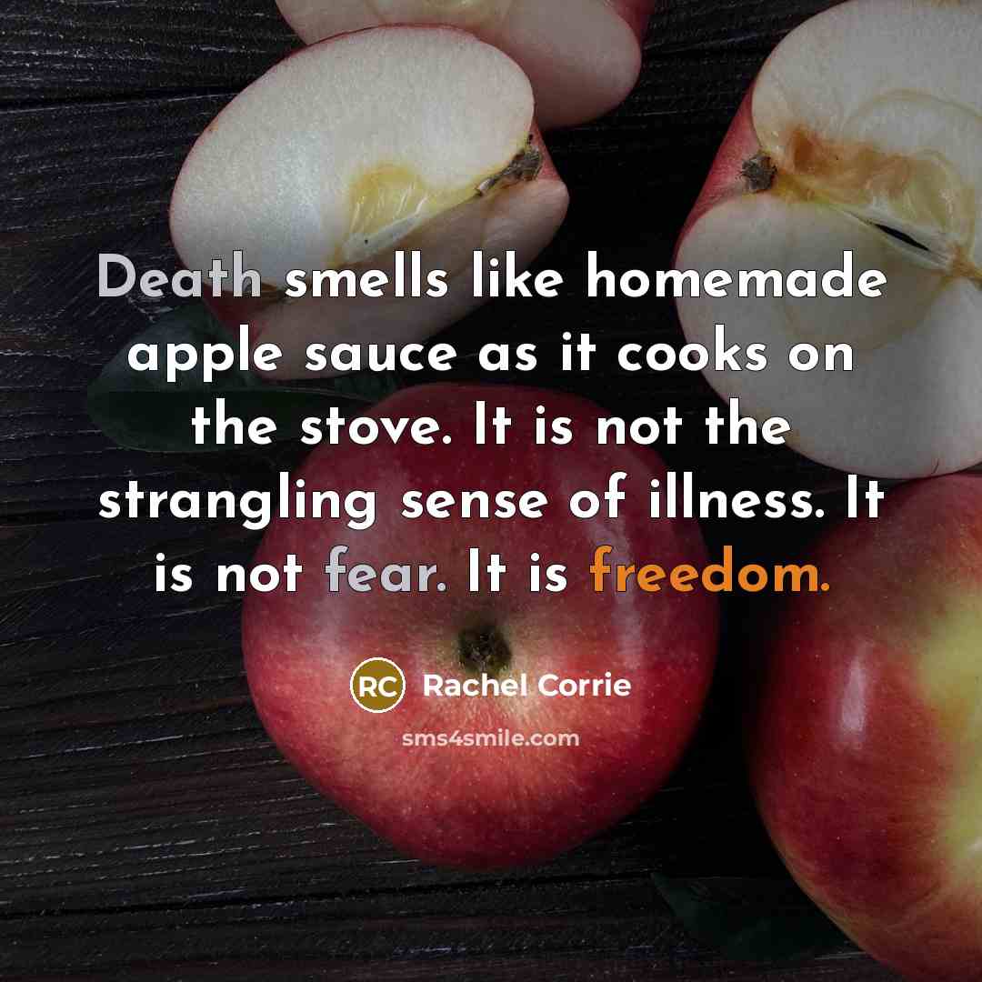 “Death smells like homemade apple sauce as it cooks on…” quote by Rachel Corrie