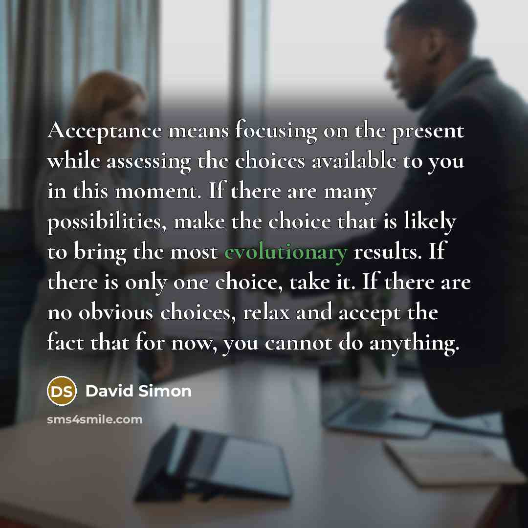 “Acceptance means focusing on the present while assessing the choices available to you in this moment. If there are many possibilities, make the choice that is likely to bring the most evolutionary results. If there is only one choice, take it. If there are no obvious choices, relax and accept the…” quote by David Simon