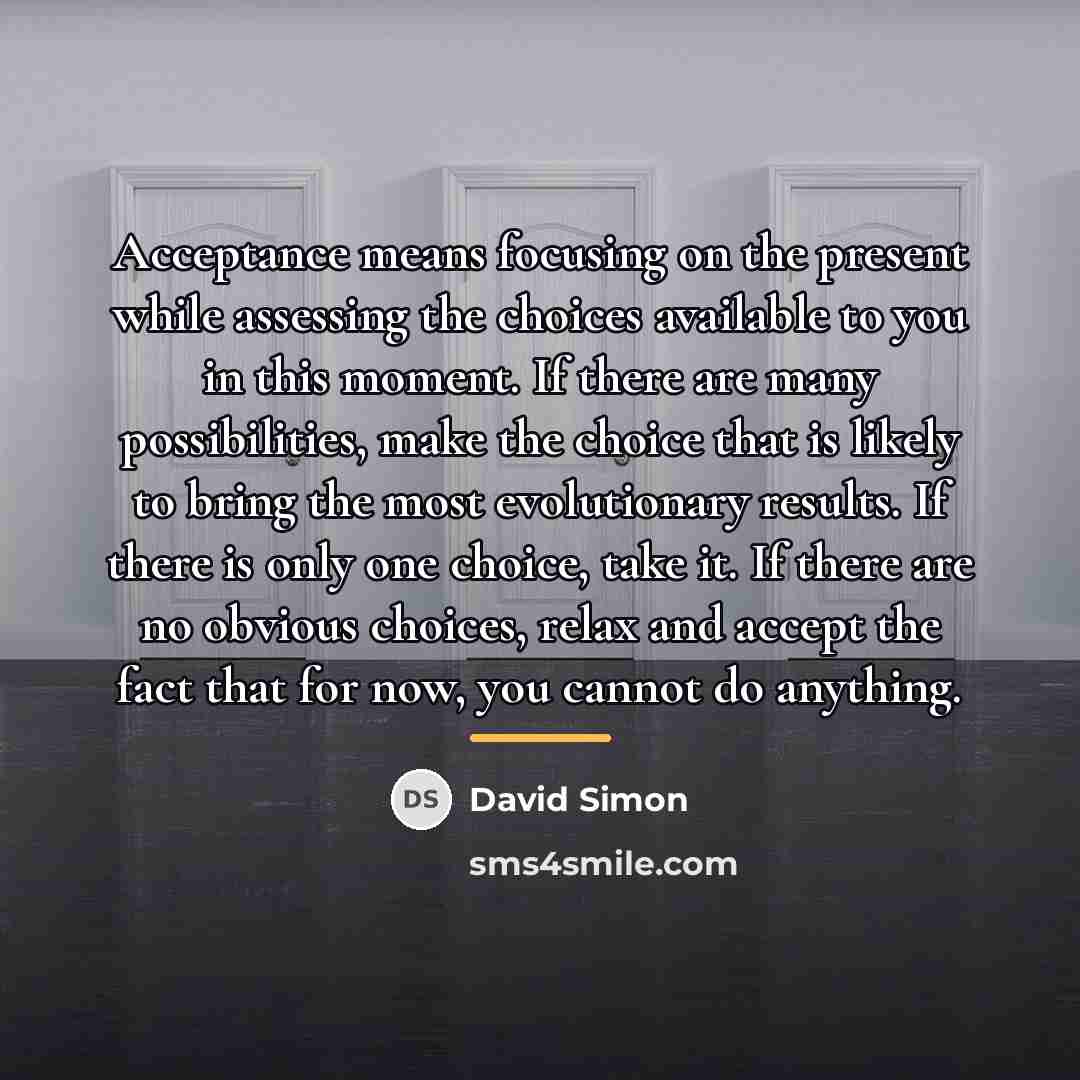 “Acceptance means focusing on the present while assessing the choices…” quote by David Simon