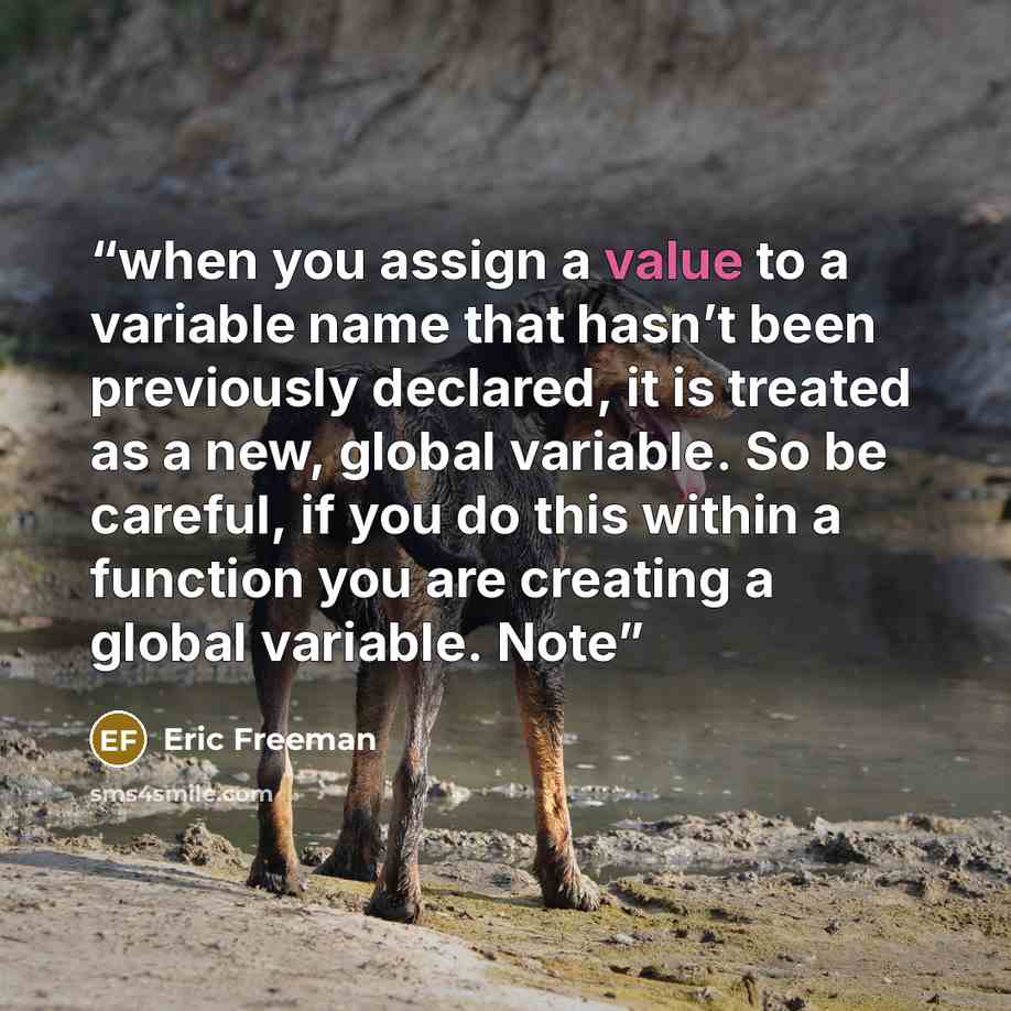 “when you assign a value to a variable name that hasn’t been previously declared, it is treated as a new, global variable. So be careful, if you do this within a function you are creating a global variable. Note” quote by Eric Freeman