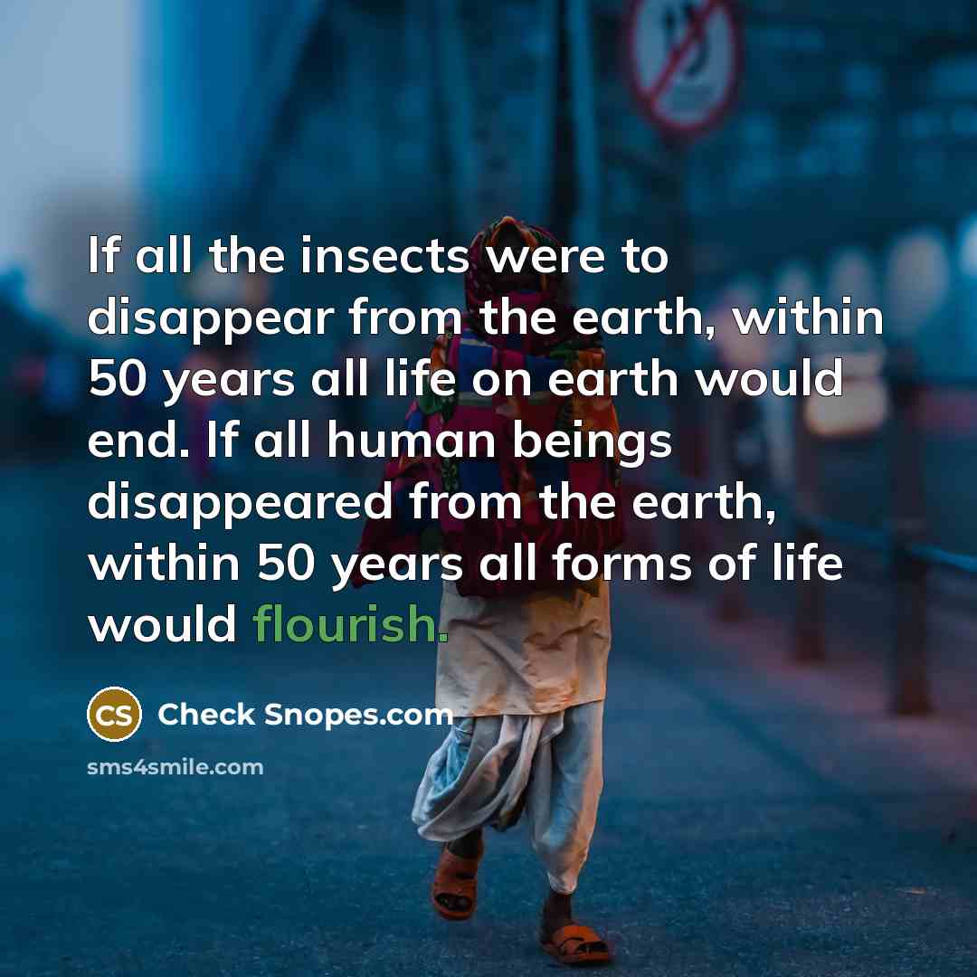 “If all the insects were to disappear from the earth, within 50 years all life on earth would end. If all human beings disappeared from the earth, within 50 years all forms of life would flourish.” quote by Check Snopes.com