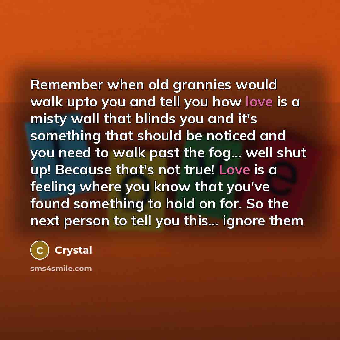 “Remember when old grannies would walk upto you and tell you how love is a misty wall that blinds you and it's something that should be noticed and you need to walk past the fog... well shut up! Because that's not true! Love is a feeling where you know that you've found something to hold on for. So…” quote by Crystal