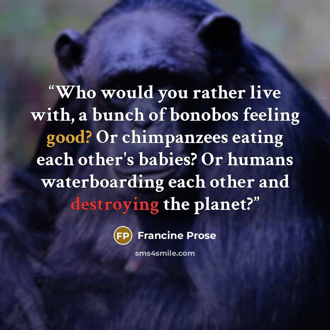 “Who would you rather live with, a bunch of bonobos feeling good? Or chimpanzees eating each other's babies? Or humans waterboarding each other and destroying the planet?” quote by Francine Prose