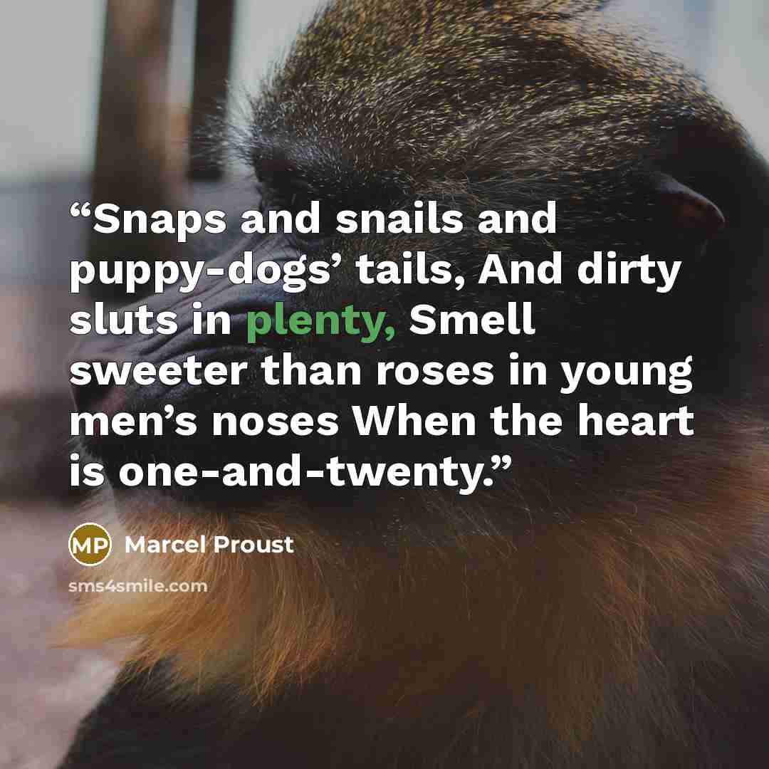 “Snaps and snails and puppy-dogs’ tails, And dirty sluts in plenty, Smell sweeter than roses in young men’s noses When the heart is one-and-twenty.” quote by Marcel Proust