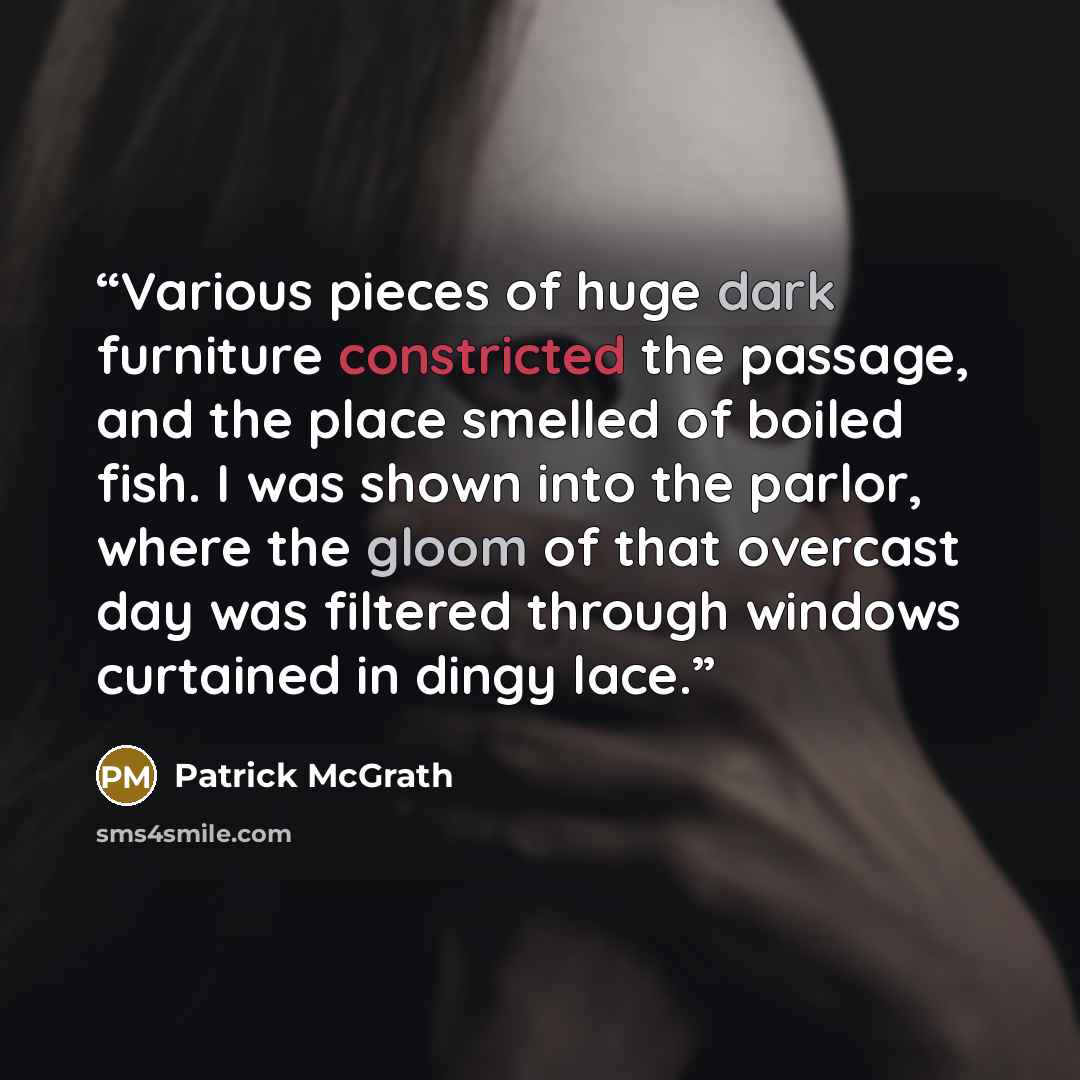 “Various pieces of huge dark furniture constricted the passage, and the place smelled of boiled fish. I was shown into the parlor, where the gloom of that overcast day was filtered through windows curtained in dingy lace.” quote by Patrick McGrath