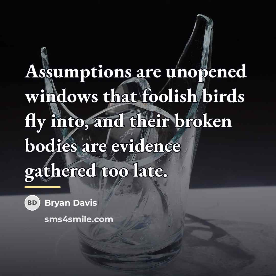 “Assumptions are unopened windows that foolish birds fly into, and…” quote by Bryan Davis