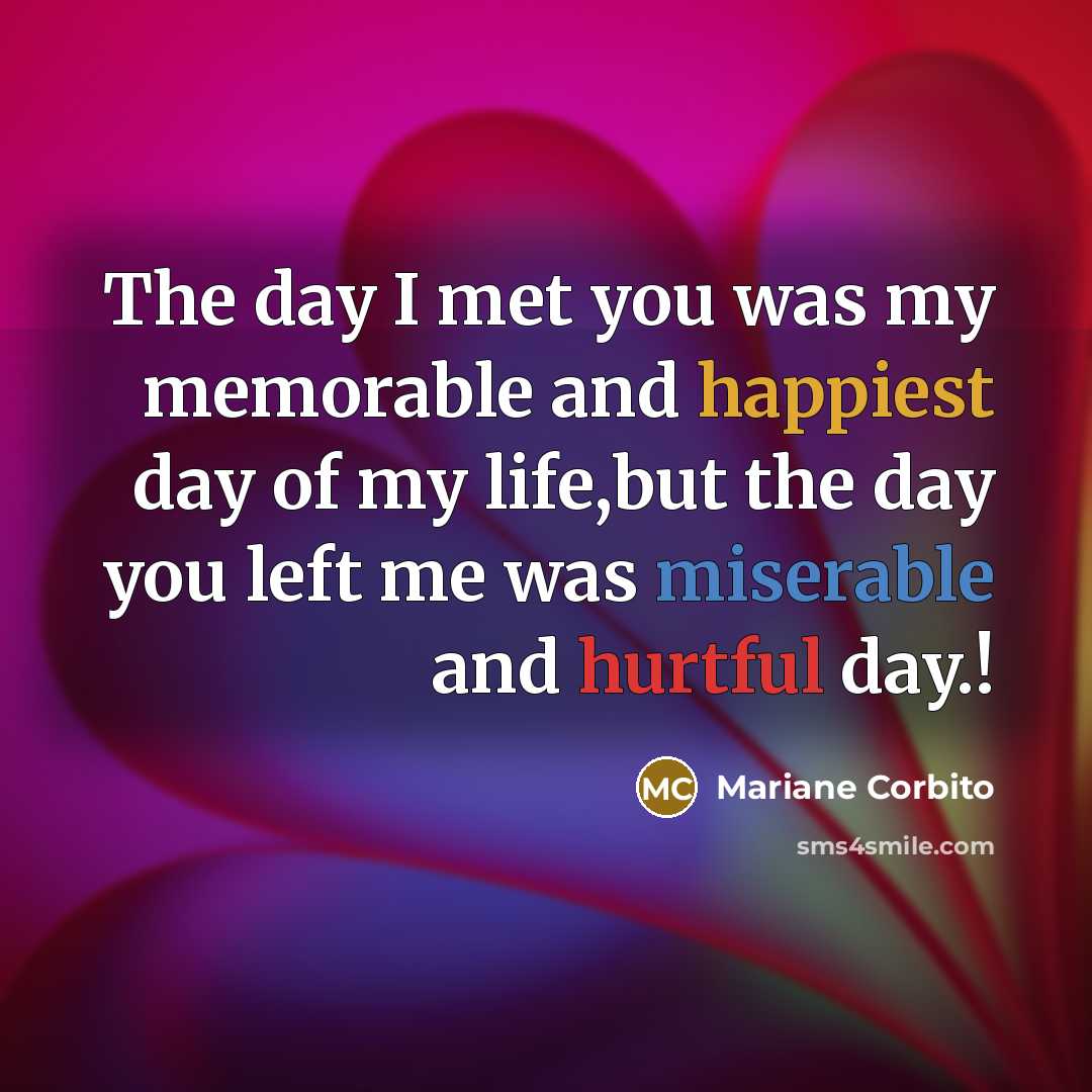 “The day I met you was my memorable and happiest day of my life,but the day you left me was miserable and hurtful day.!” quote by Mariane Corbito