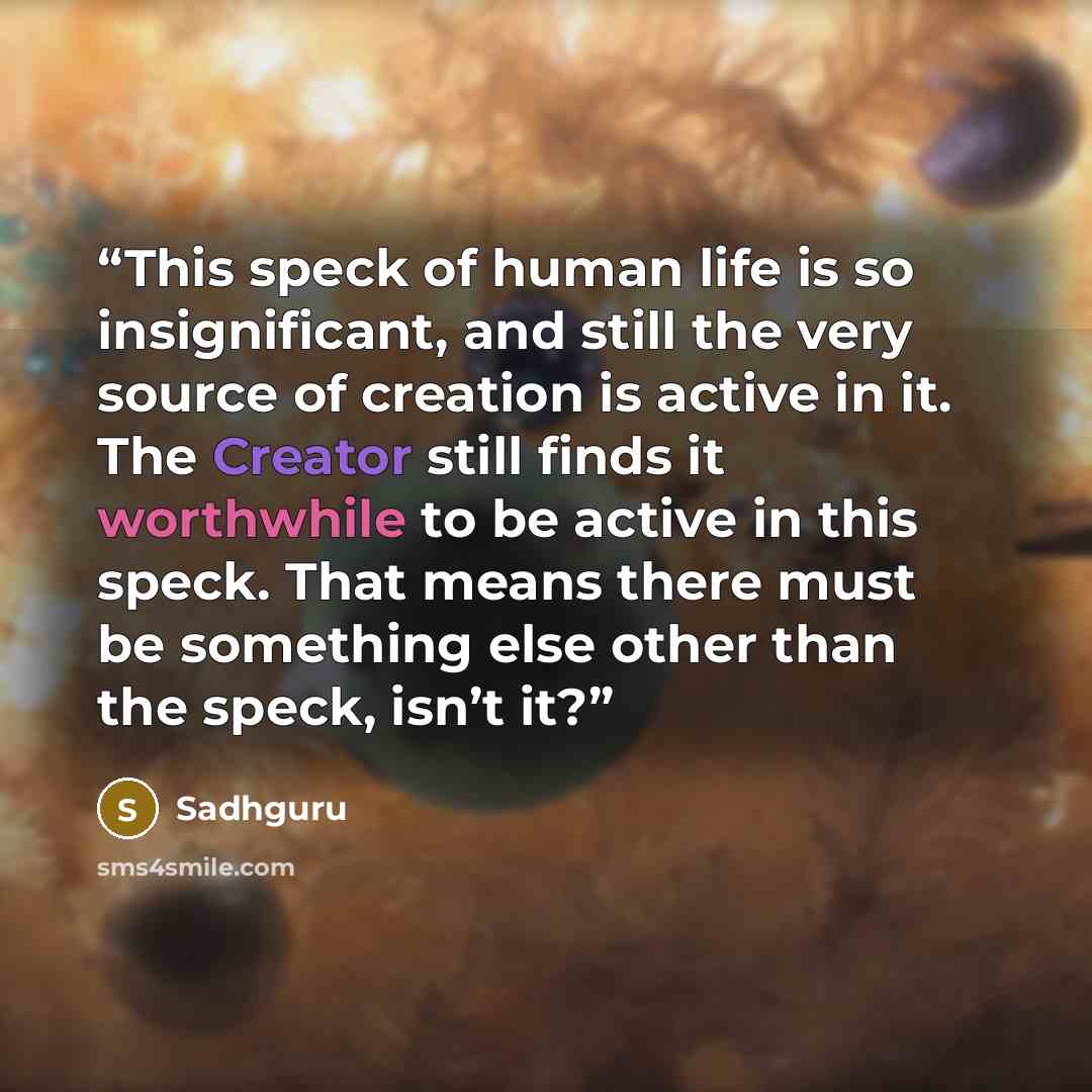 “This speck of human life is so insignificant, and still the very source of creation is active in it. The Creator still finds it worthwhile to be active in this speck. That means there must be something else other than the speck, isn’t it?” quote by Sadhguru