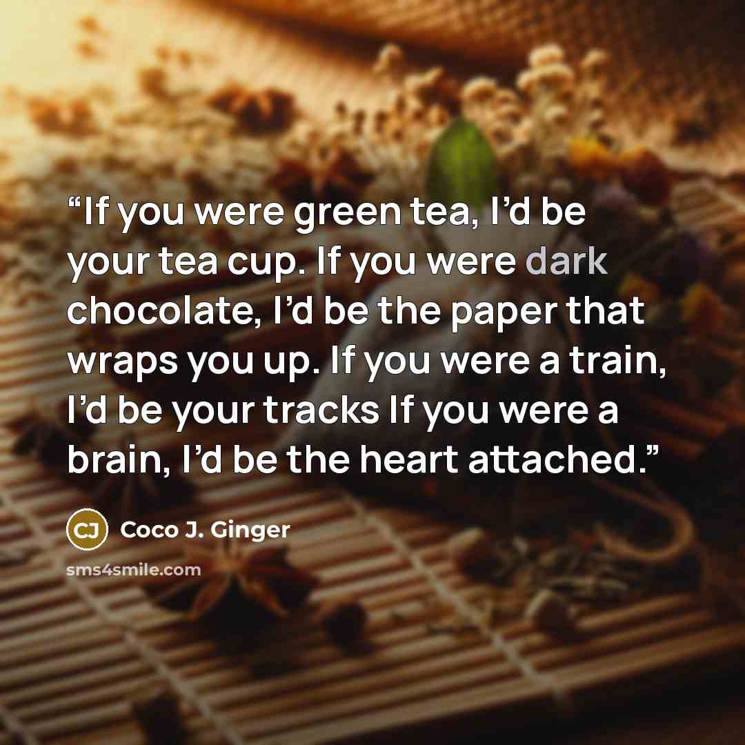 “If you were green tea, I’d be your tea cup. If you were dark chocolate, I’d be the paper that wraps you up. If you were a train, I’d be your tracks If you were a brain, I’d be the heart attached.” quote by Coco J. Ginger