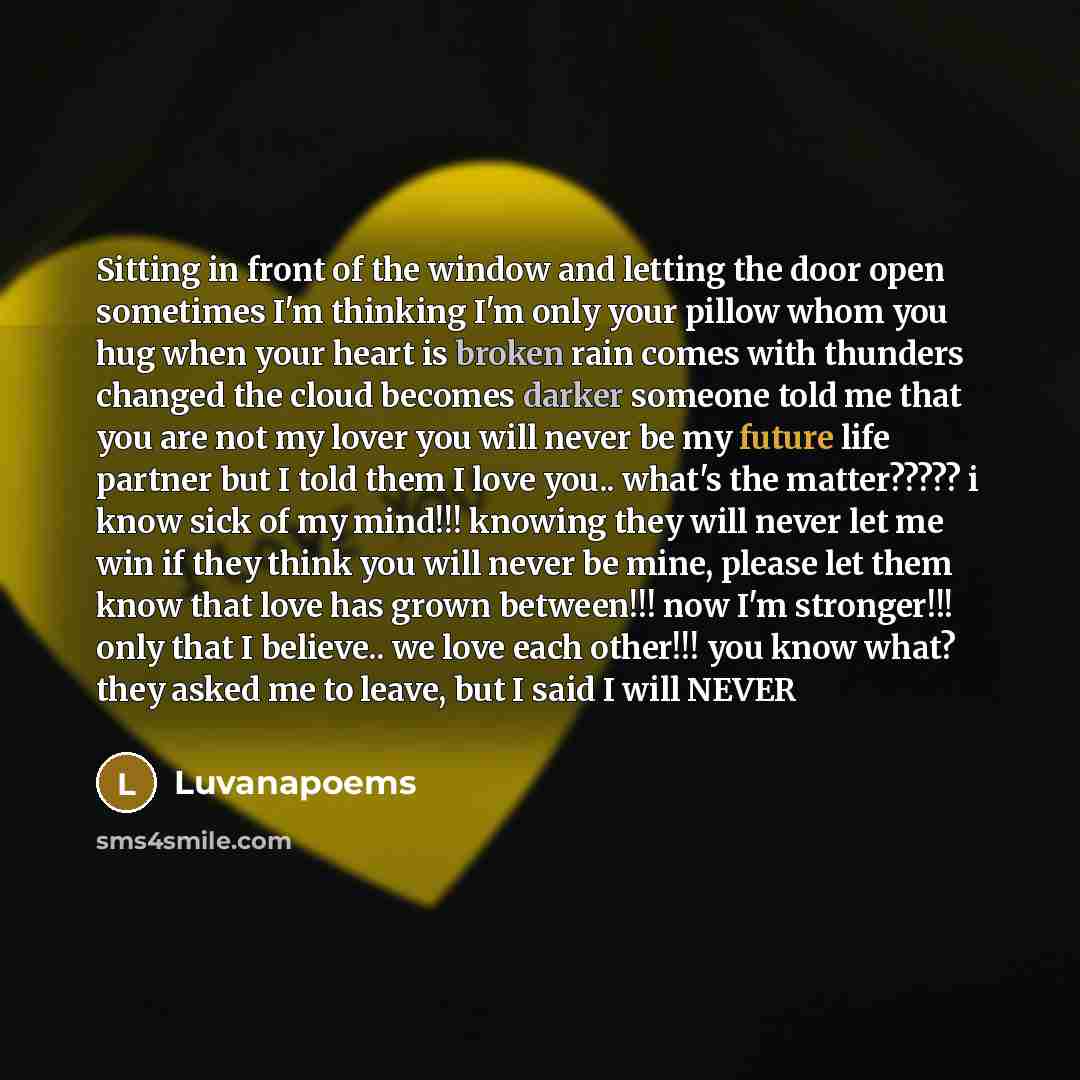 “Sitting in front of the window and letting the door open sometimes I'm thinking I'm only your pillow whom you hug when your heart is broken rain comes with thunders changed the cloud becomes darker someone told me that you are not my lover you will never be my future life partner but I told them I…” quote by Luvanapoems
