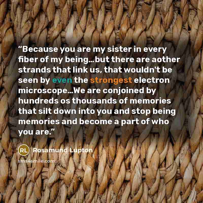 “Because you are my sister in every fiber of my being…but there are aother strands that link us, that wouldn't be seen by even the strongest electron microscope…We are conjoined by hundreds os thousands of memories that silt down into you and stop being memories and become a part of who you are.” quote by Rosamund Lupton