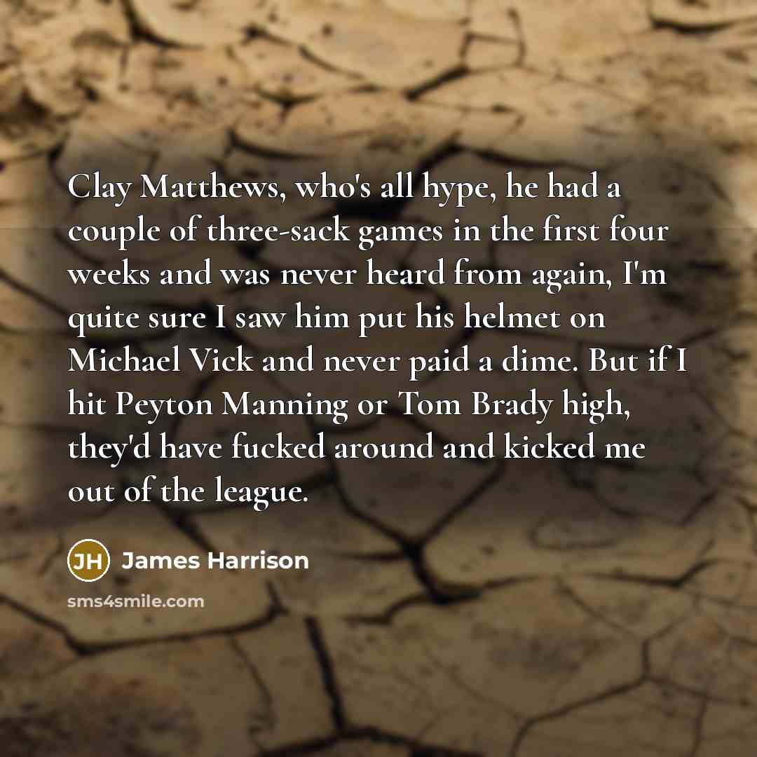 “Clay Matthews, who's all hype, he had a couple of three-sack games in the first four weeks and was never heard from again, I'm quite sure I saw him put his helmet on Michael Vick and never paid a dime. But if I hit Peyton Manning or Tom Brady high, they'd have fucked around and kicked me out of…” quote by James Harrison