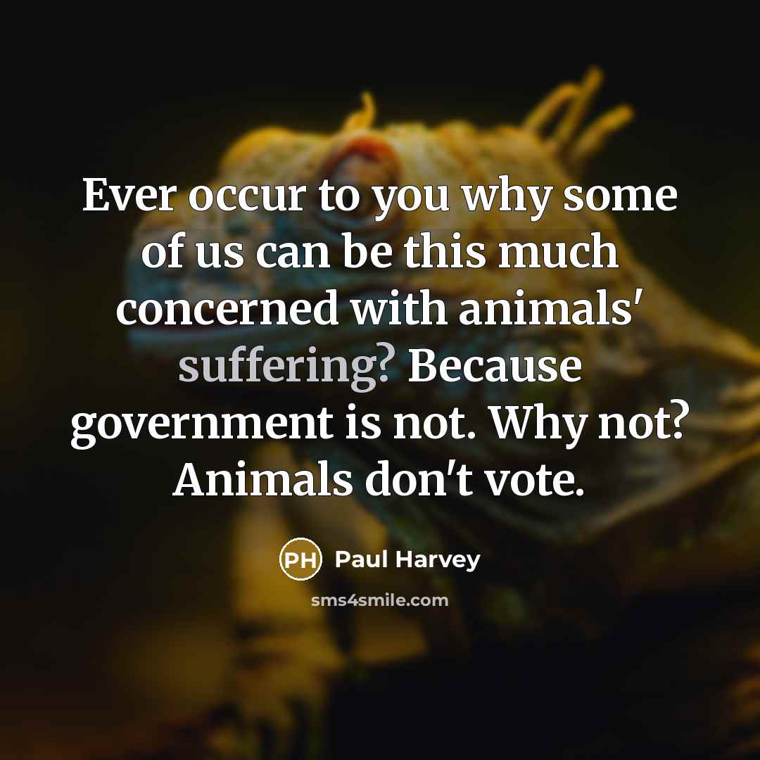 “Ever occur to you why some of us can be this much concerned with animals' suffering? Because government is not. Why not? Animals don't vote.” quote by Paul Harvey