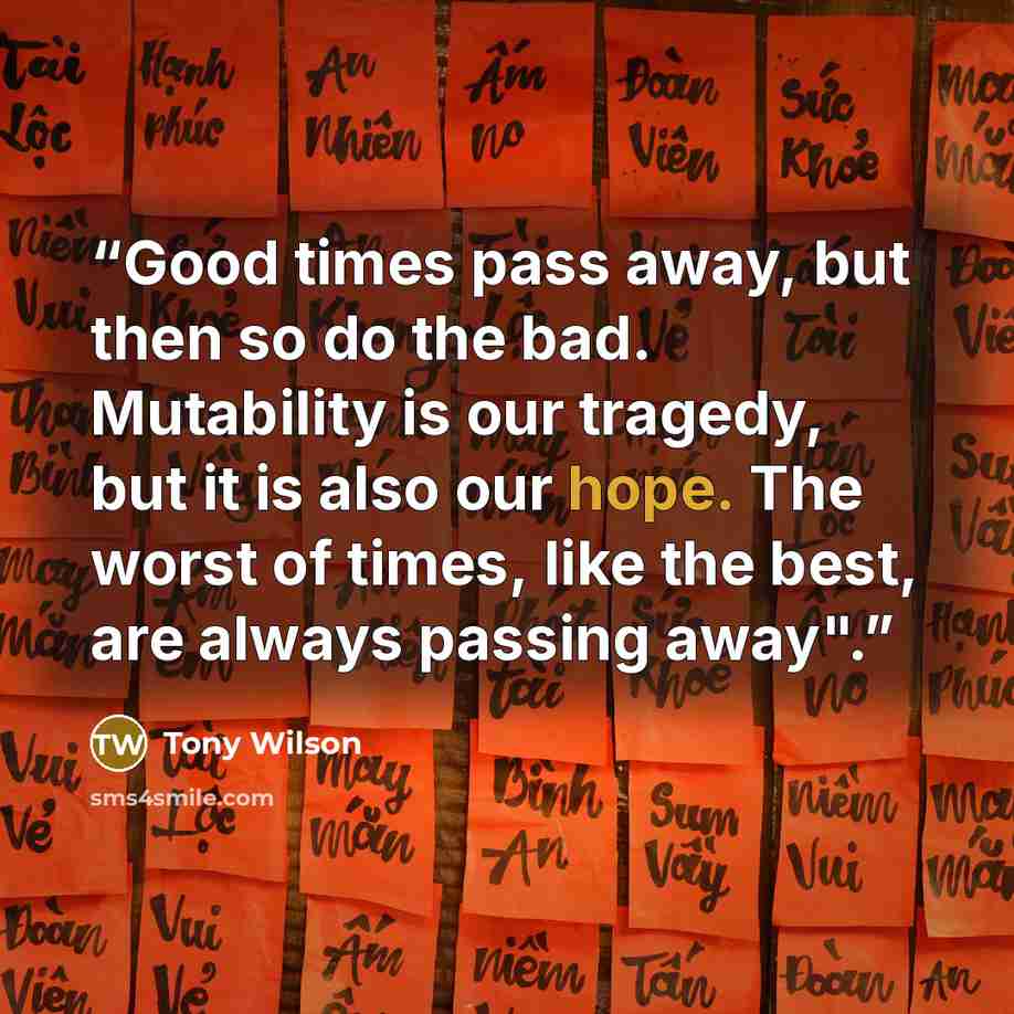“Good times pass away, but then so do the bad. Mutability is our tragedy, but it is also our hope. The worst of times, like the best, are always passing away".” quote by Tony Wilson