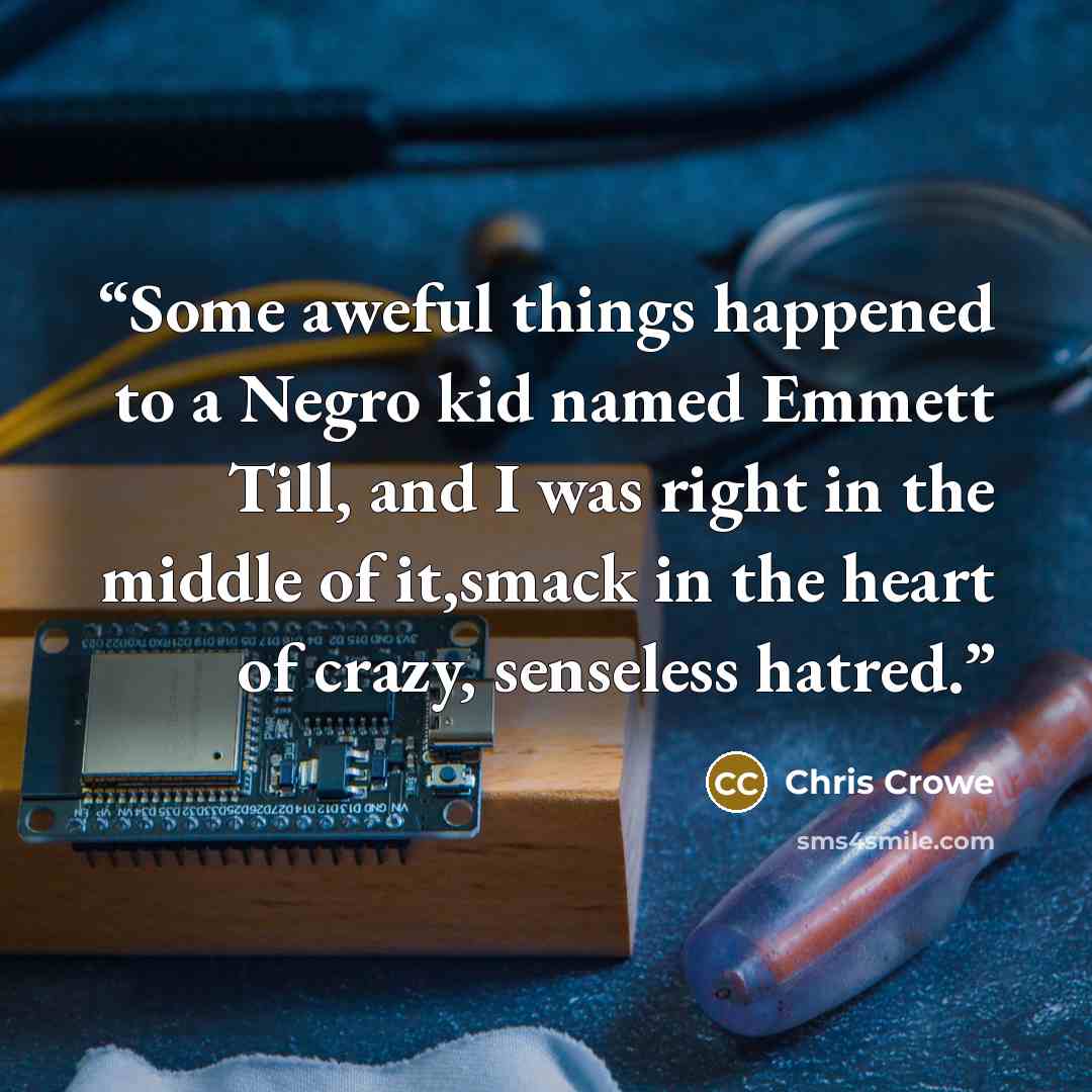 “Some aweful things happened to a Negro kid named Emmett Till, and I was right in the middle of it,smack in the heart of crazy, senseless hatred.” quote by Chris Crowe