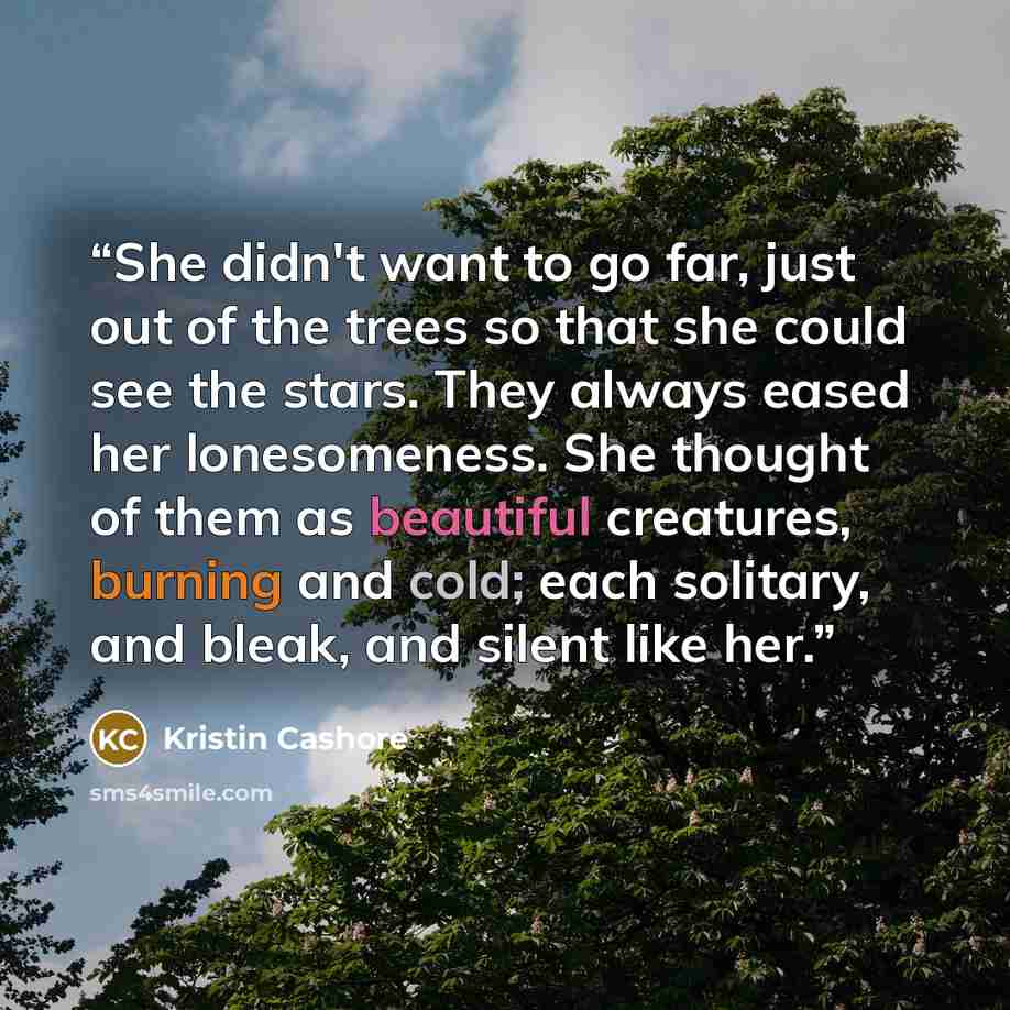 “She didn't want to go far, just out of the trees so that she could see the stars. They always eased her lonesomeness. She thought of them as beautiful creatures, burning and cold; each solitary, and bleak, and silent like her.” quote by Kristin Cashore
