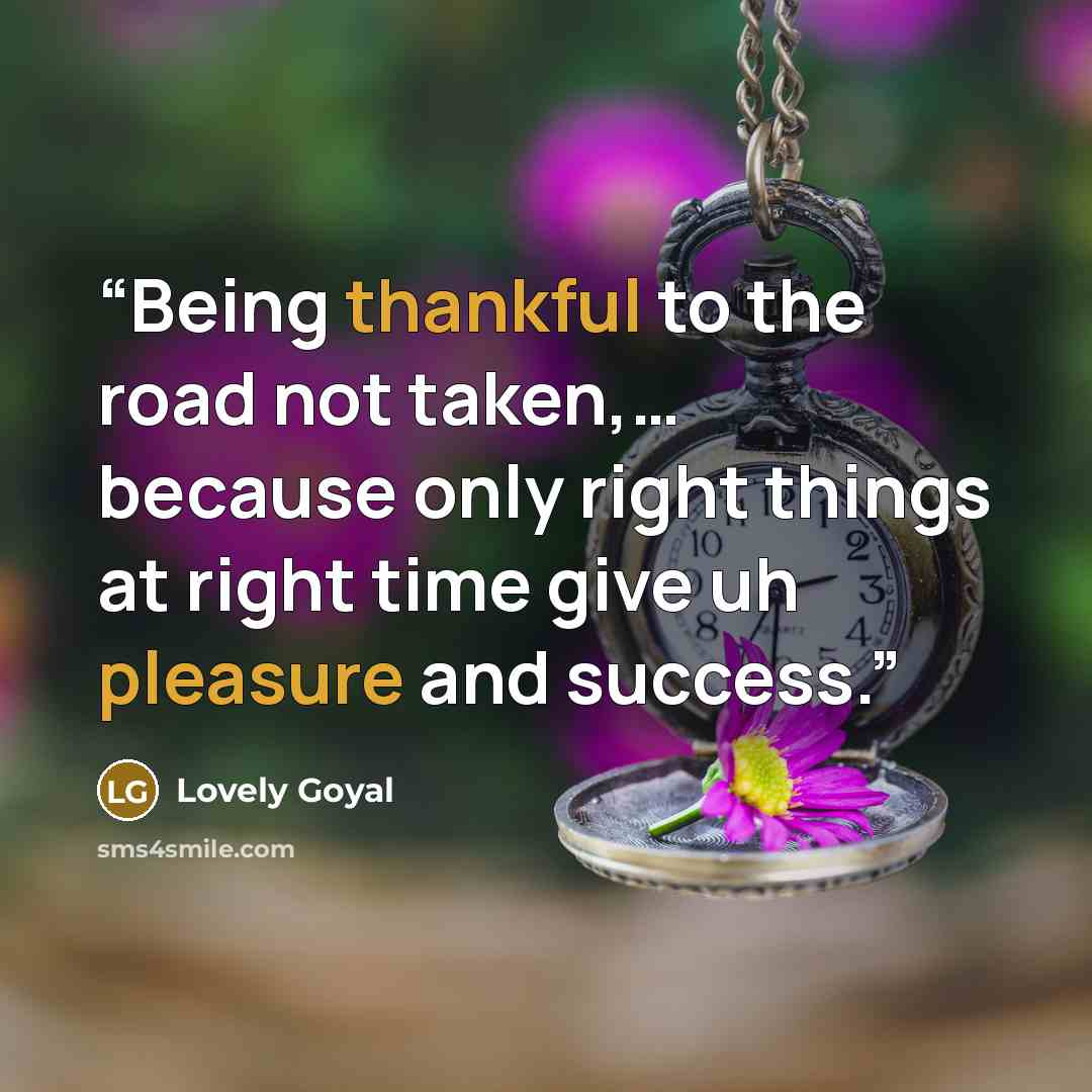 “Being thankful to the road not taken,… because only right things at right time give uh pleasure and success.” quote by Lovely Goyal