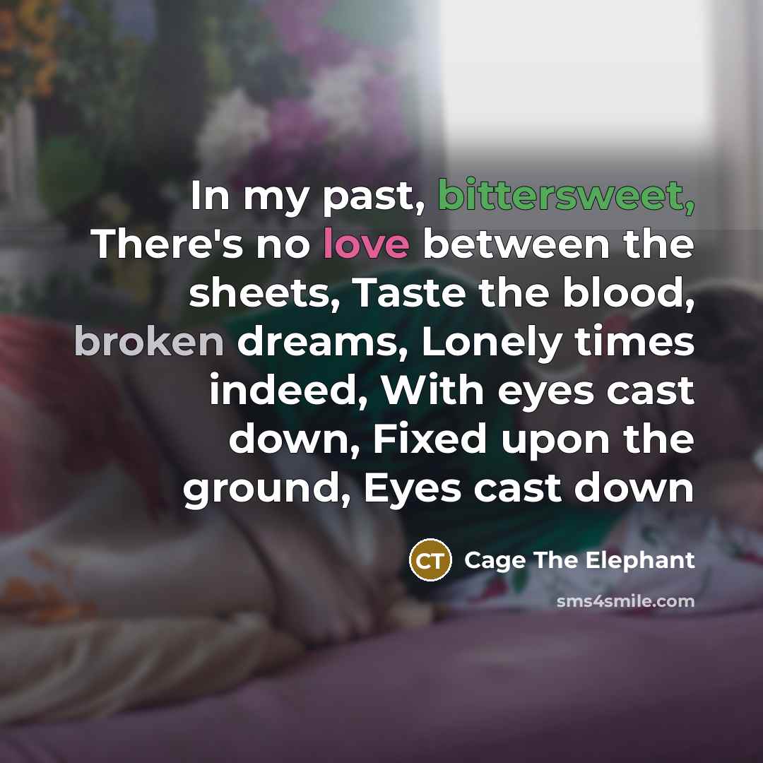 “In my past, bittersweet, There's no love between the sheets, Taste the blood, broken dreams, Lonely times indeed, With eyes cast down, Fixed upon the ground, Eyes cast down” quote by Cage The Elephant