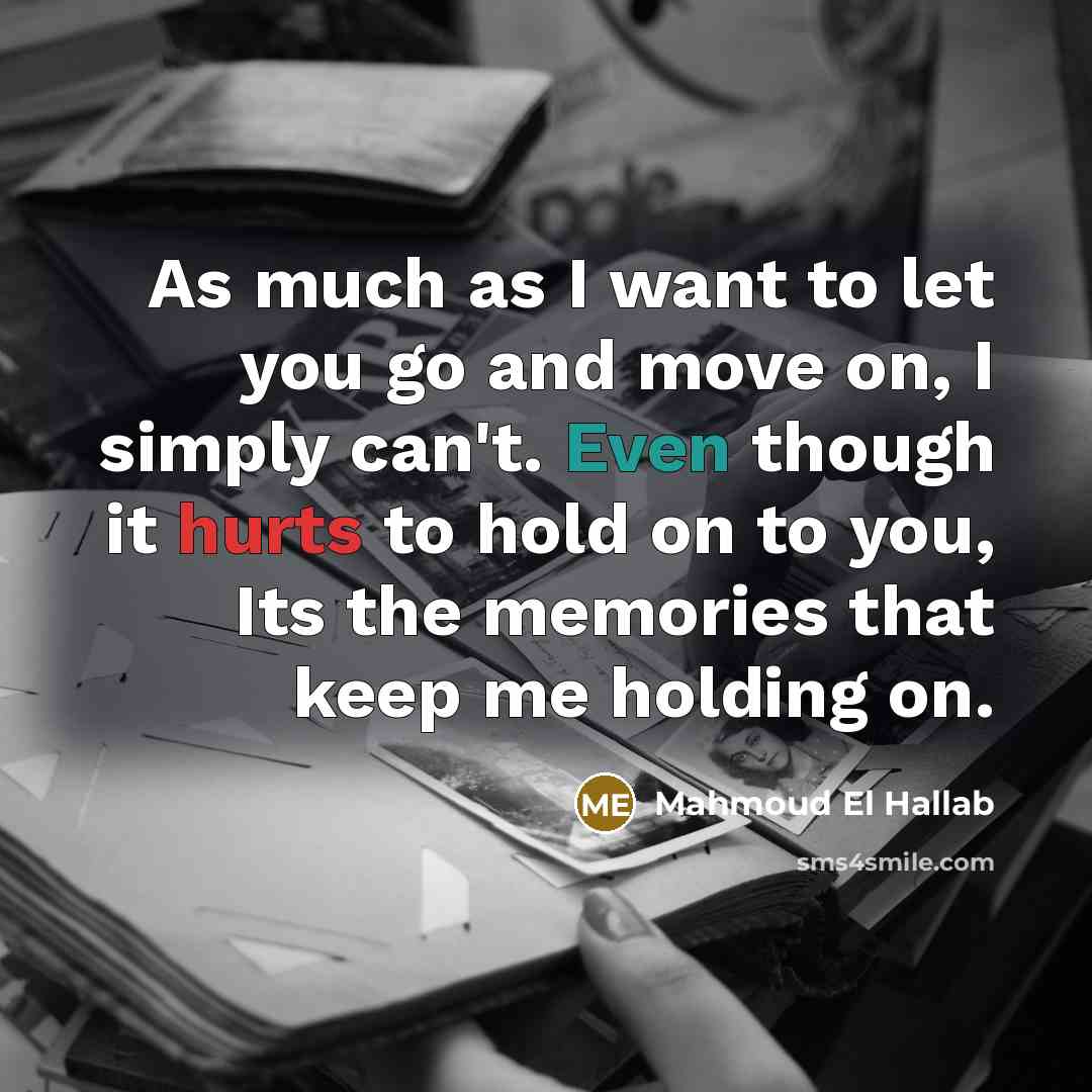 “As much as I want to let you go and move on, I simply can't. Even though it hurts to hold on to you, Its the memories that keep me holding on.” quote by Mahmoud El Hallab